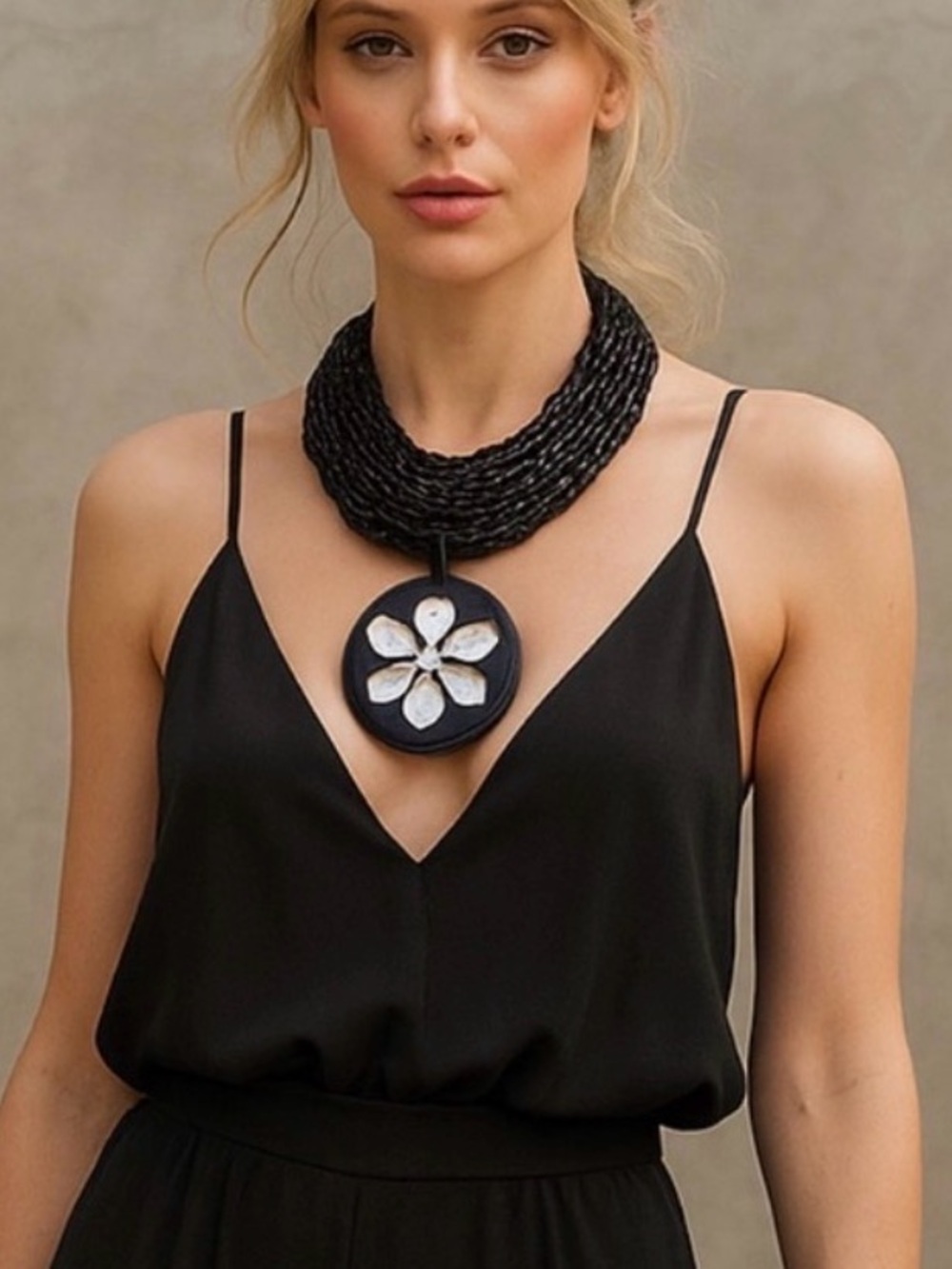 Black Statement Chain Necklace w/ Rhinestone Floral Pendant – Handmade Boho NWT